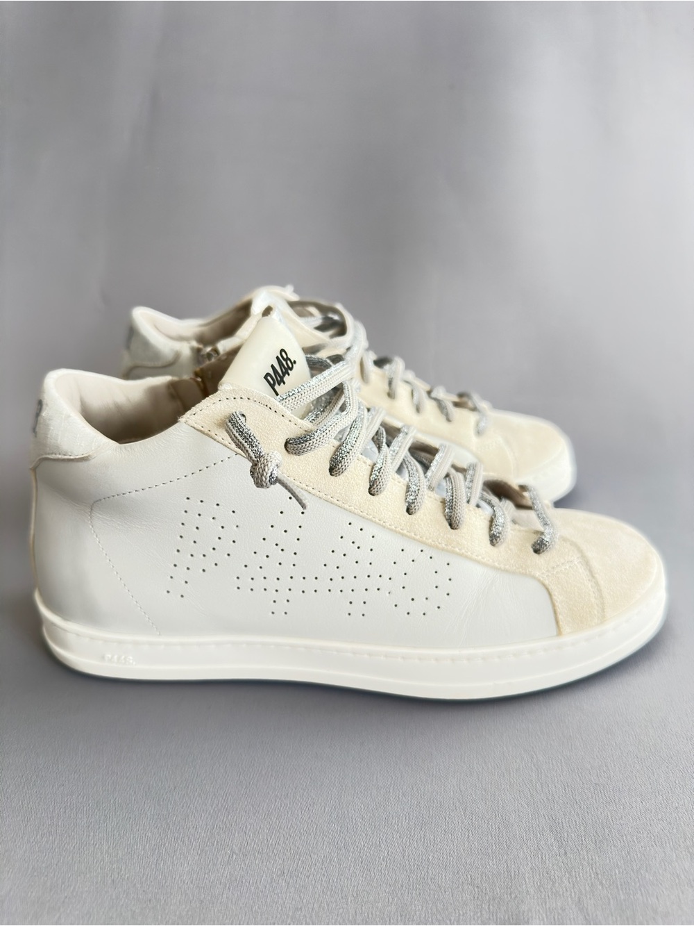 P448 John Mid-Top White Leather Sneakers Size 38 | Silver Laces & Zip
